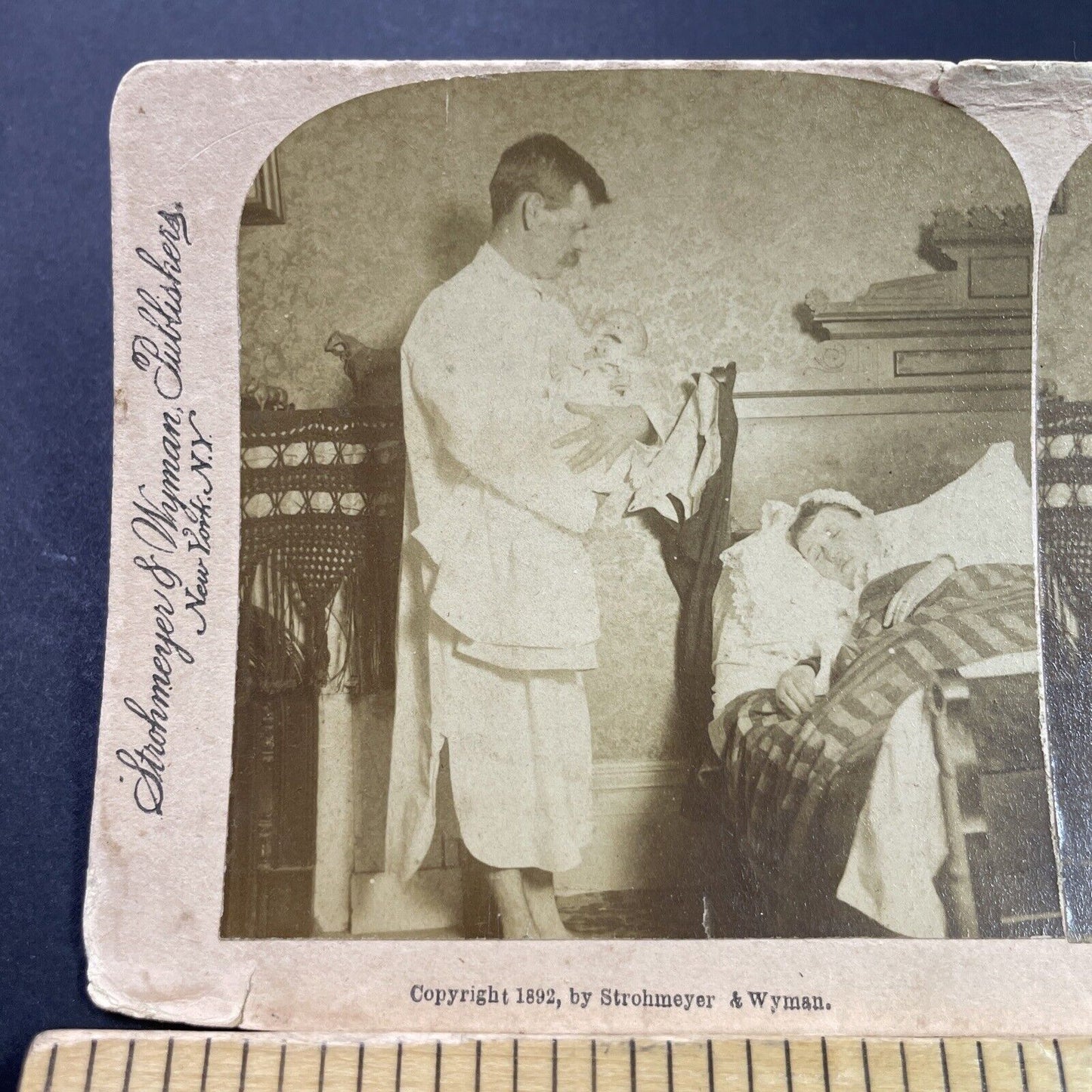 Antique 1892 Man Holds Screaming Baby Stereoview Photo Card P3960