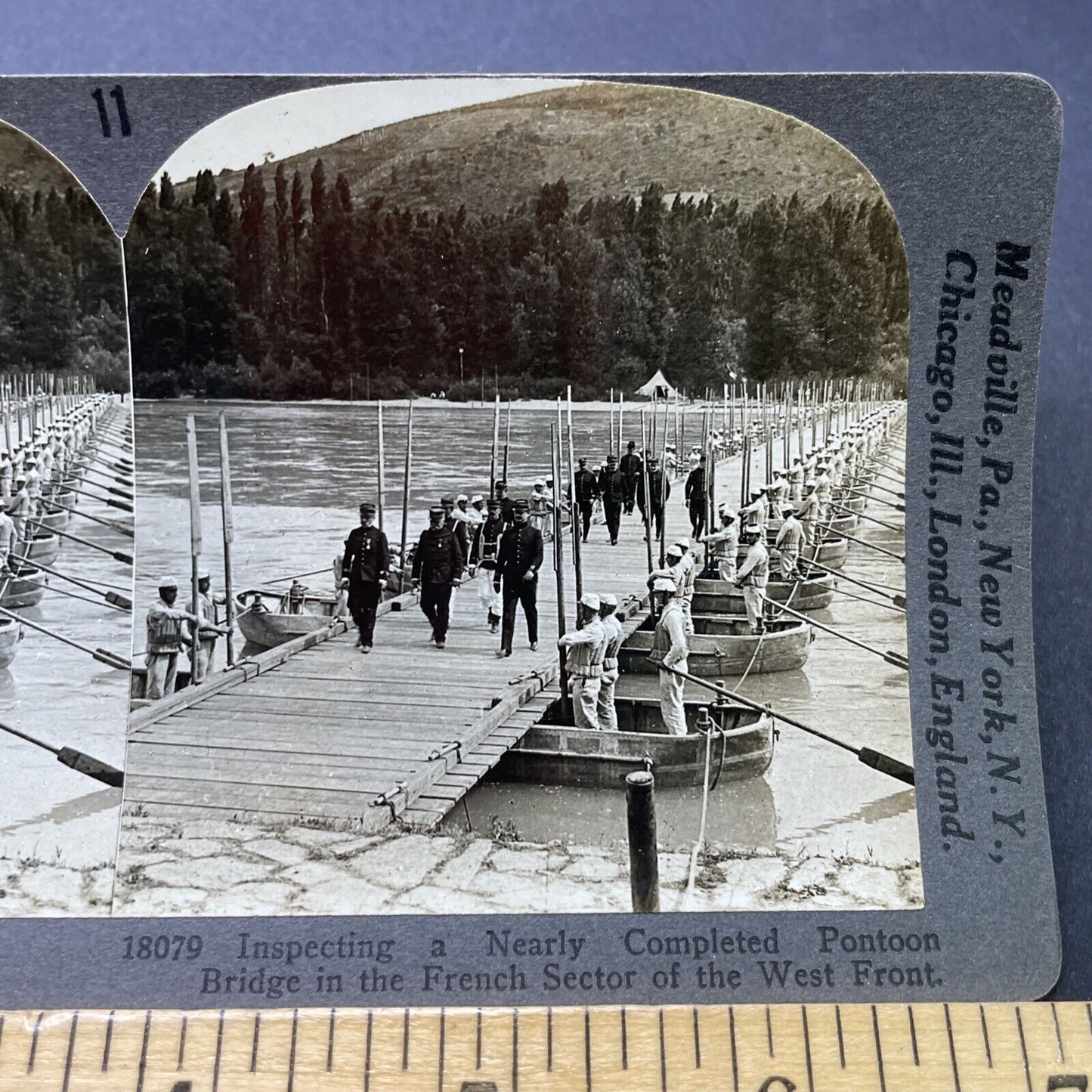 Antique 1918 French Generals Inspect WW1 Troop Bridge Stereoview Photo Card 2781