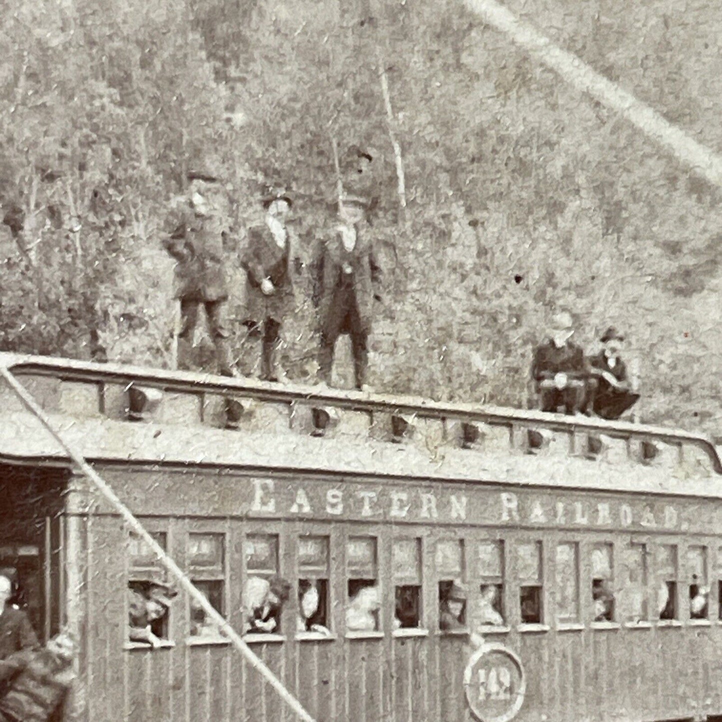 Antique 1870s Men Standing On Train Frankenstein NH Stereoview Photo Card V1839