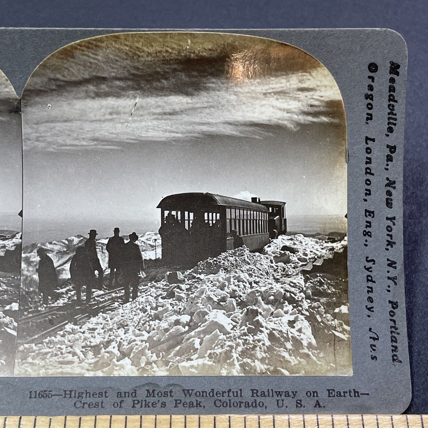 Antique 1901 Pike's Peak CO Railroad Snowstorm Train Stereoview Photo Card V1972