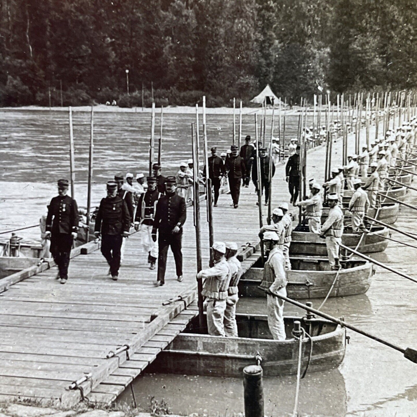 Antique 1918 French Generals Inspect WW1 Troop Bridge Stereoview Photo Card 2781