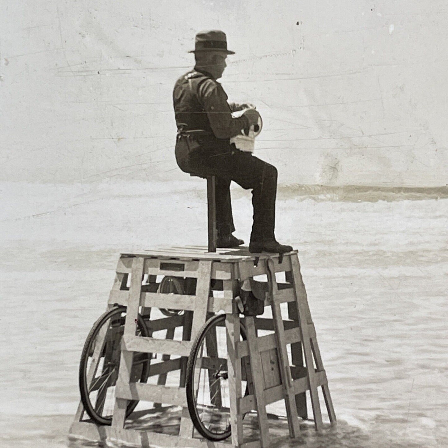 Lifeguard Filming The Ocean Beach Stereoview Celluloid Antique c1920s X3257