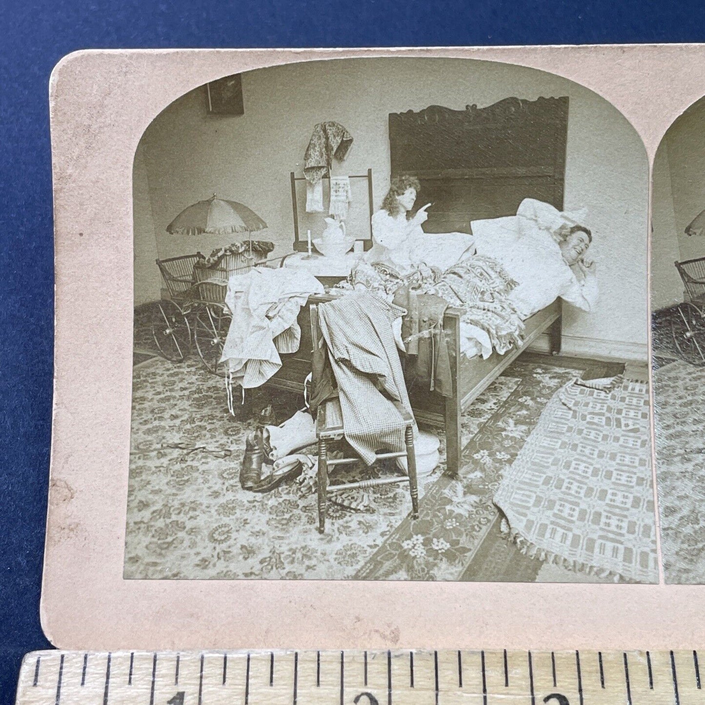 Antique 1892 Wife Mad At Husband Arriving Drunk Stereoview Photo Card P2936