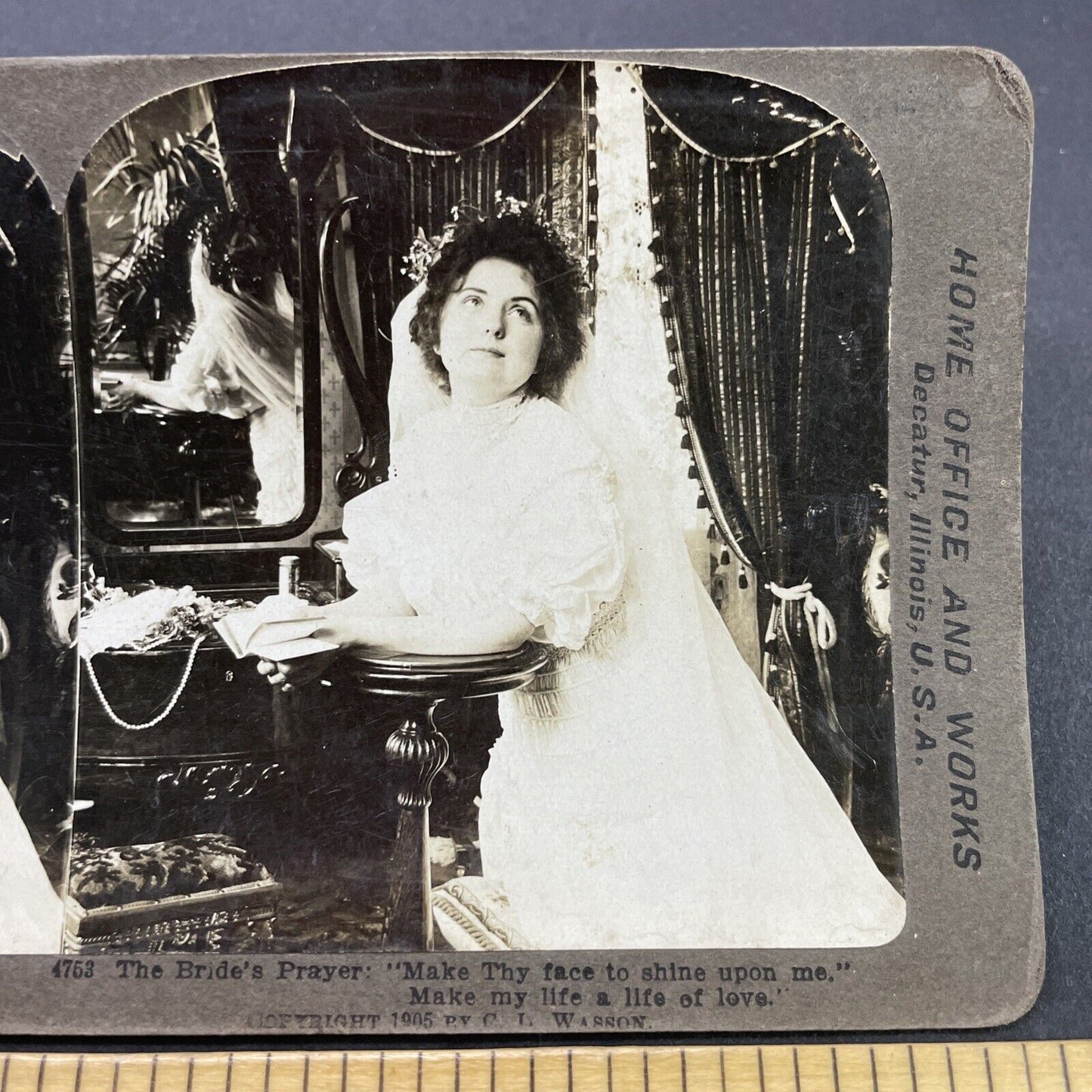 Antique 1905 Bride Prays Before Her Wedding Stereoview Photo Card P2654