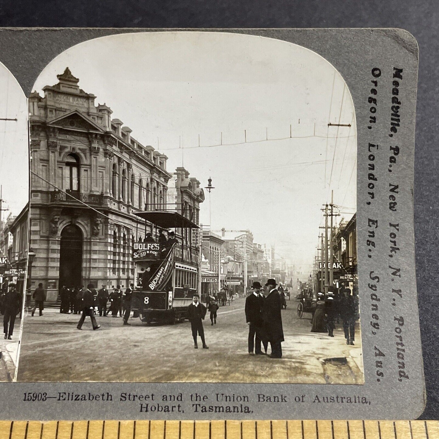 Antique 1908 Union Bank In Hobart Tasmania Stereoview Photo Card P5092