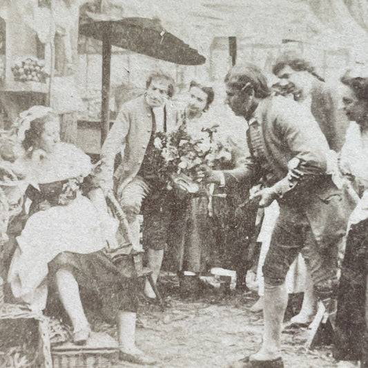 Antique 1870s Men Flirt With Farmer Girl At Market Stereoview Photo Card P4103