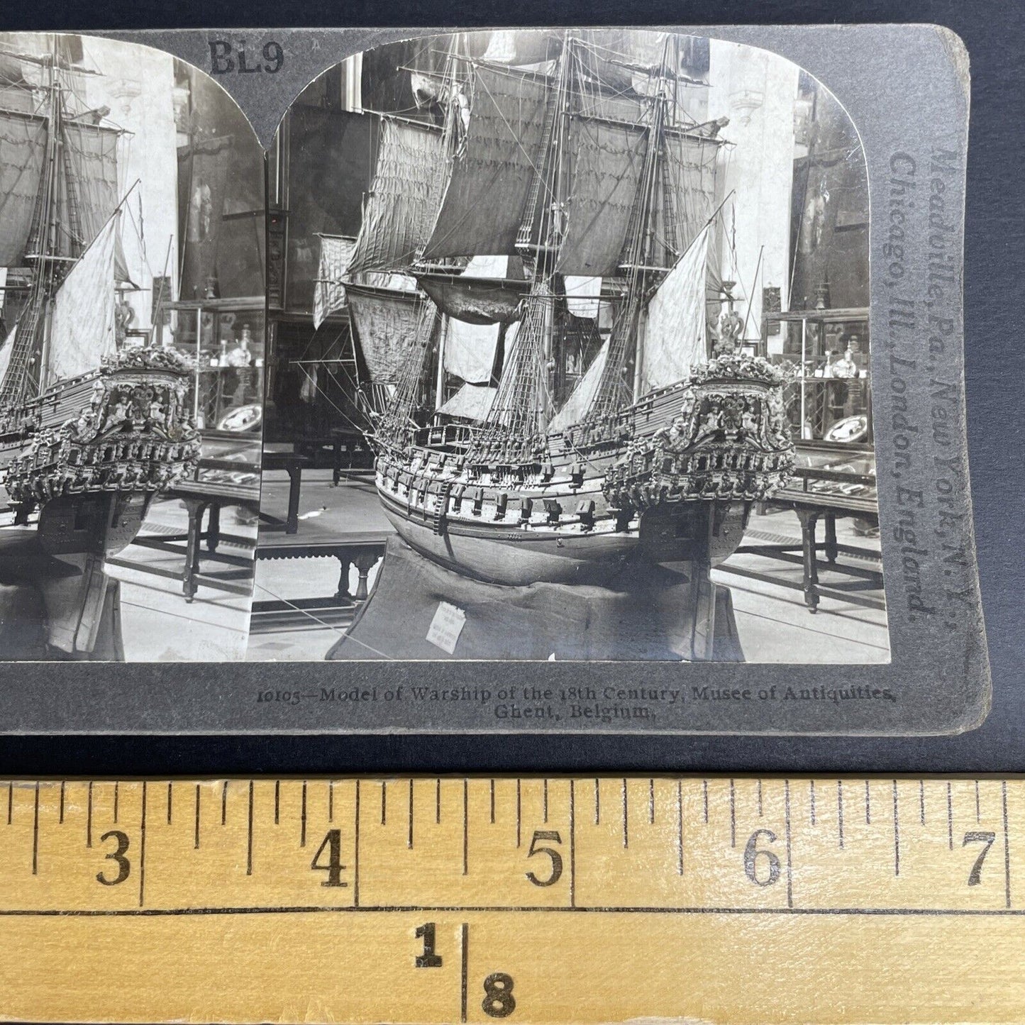 Antique 1901 18th Century Warship Model Ghent Belgium Stereoview Photo Card P950