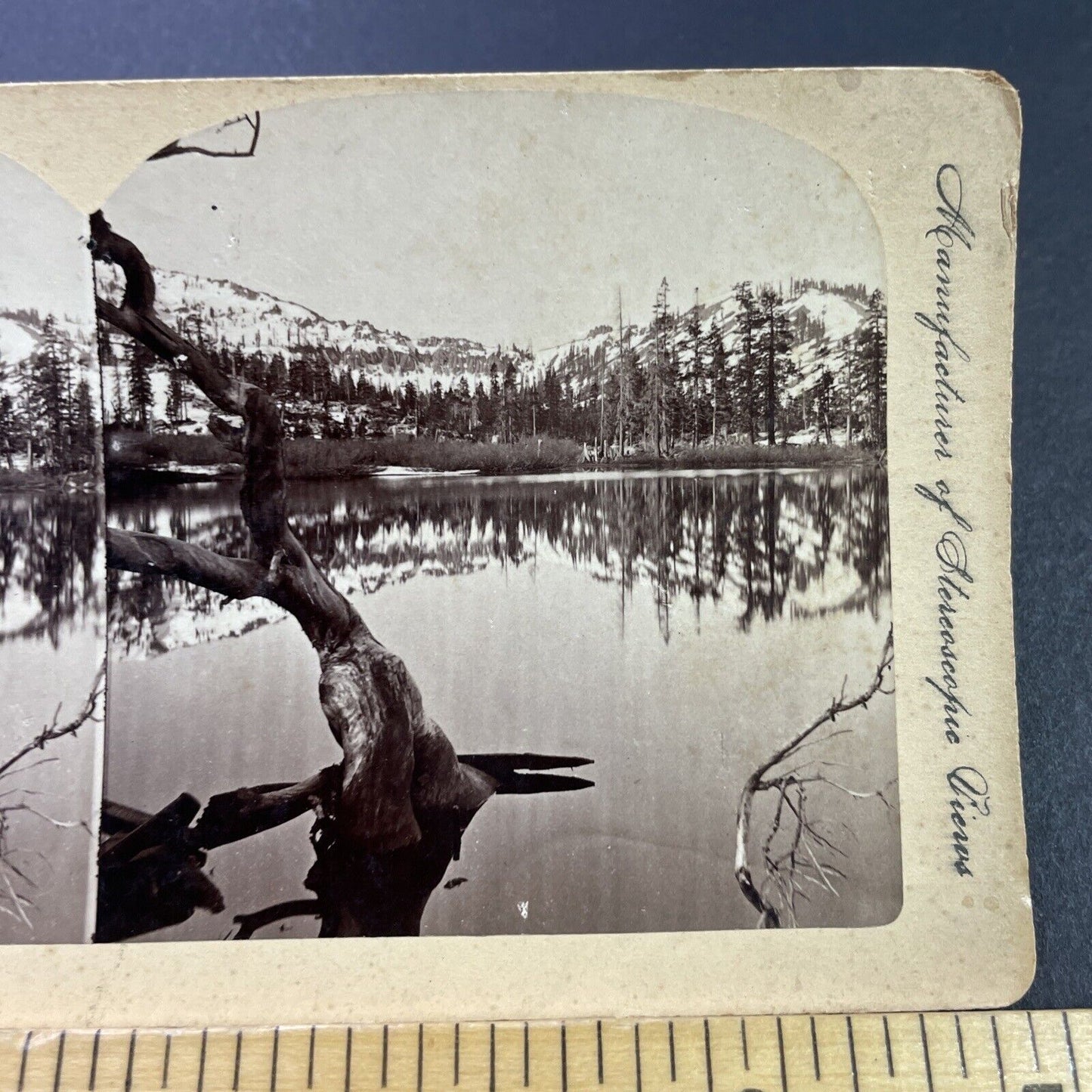 Antique 1880s Charles Bierstadt Mirror Mary's Lake Stereoview Photo Card P3810