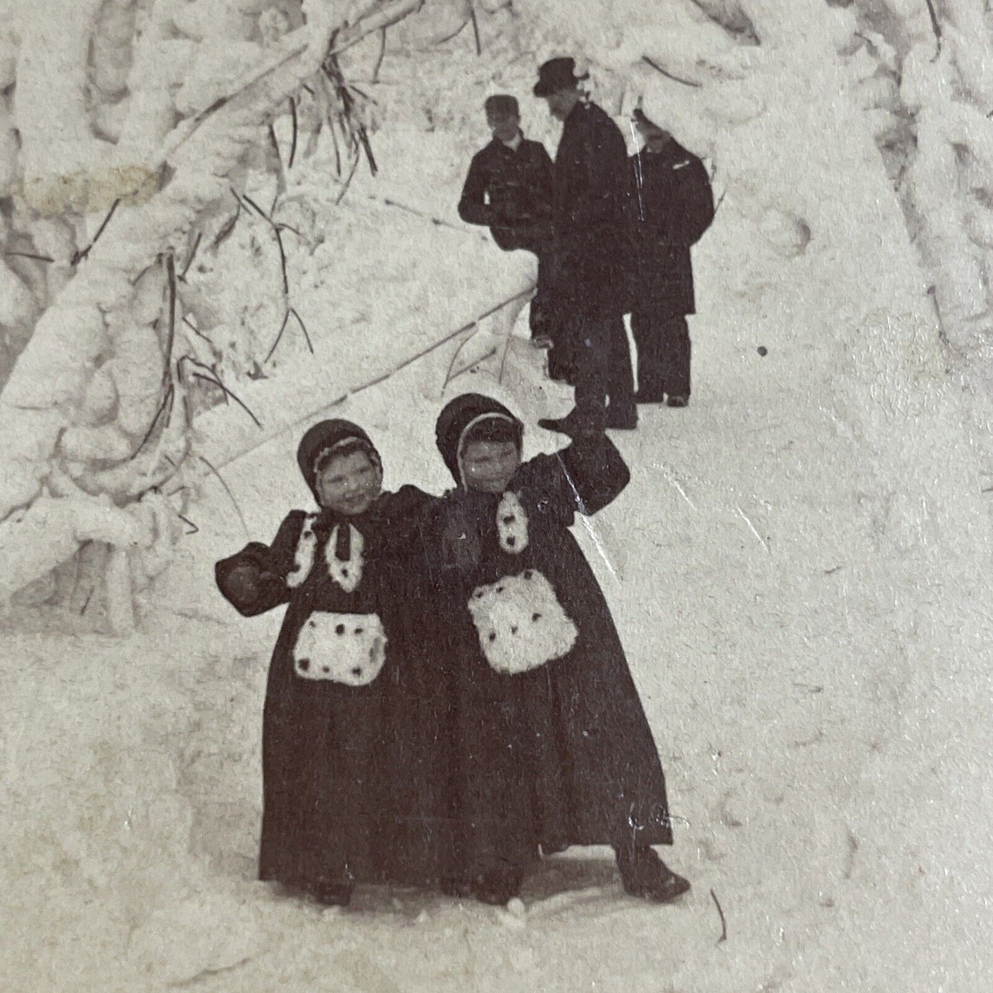Antique 1893 Two Twins In Snow Snowstorm Stereoview Photo Card P4261