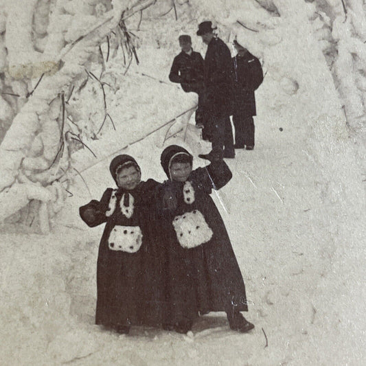 Antique 1893 Two Twins In Snow Snowstorm Stereoview Photo Card P4261