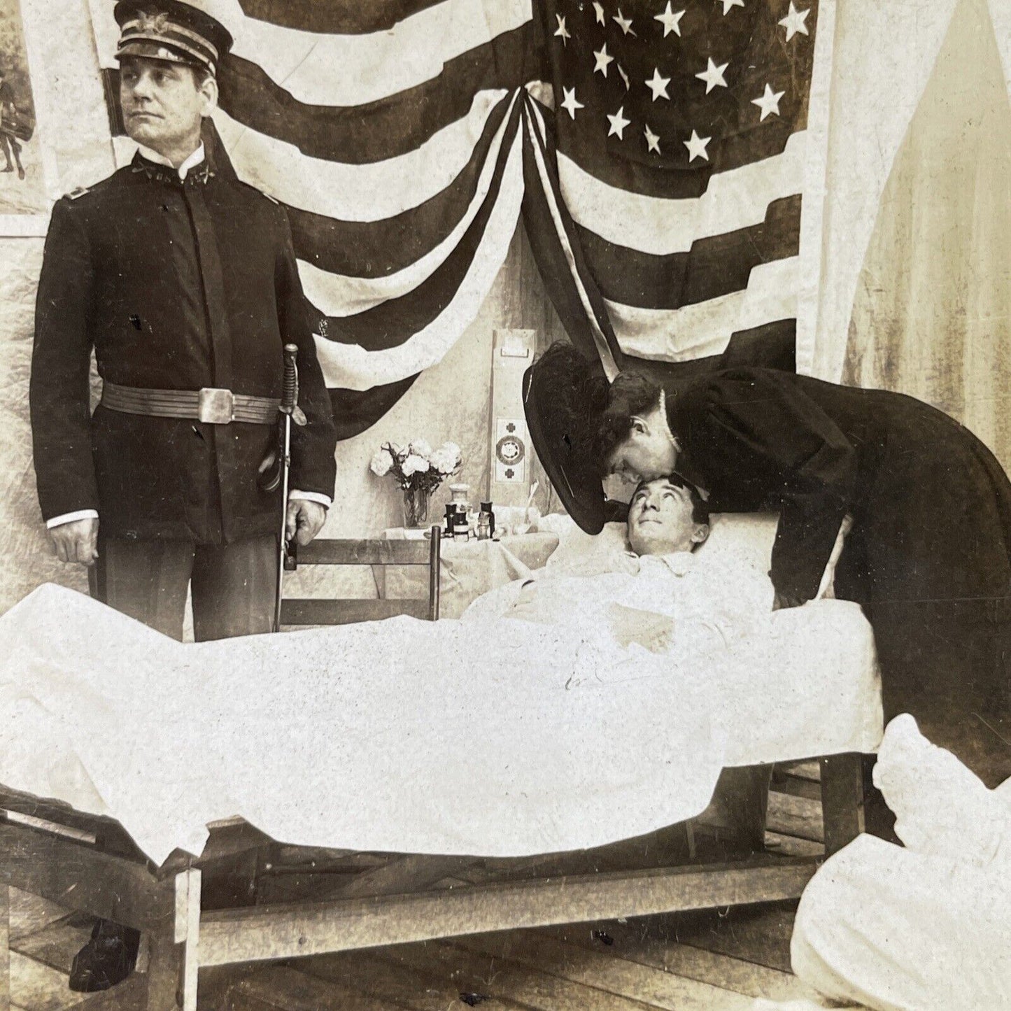 Antique 1906 Wounded US Soldier Hospital Kisses Wife Stereoview Photo Card P3110