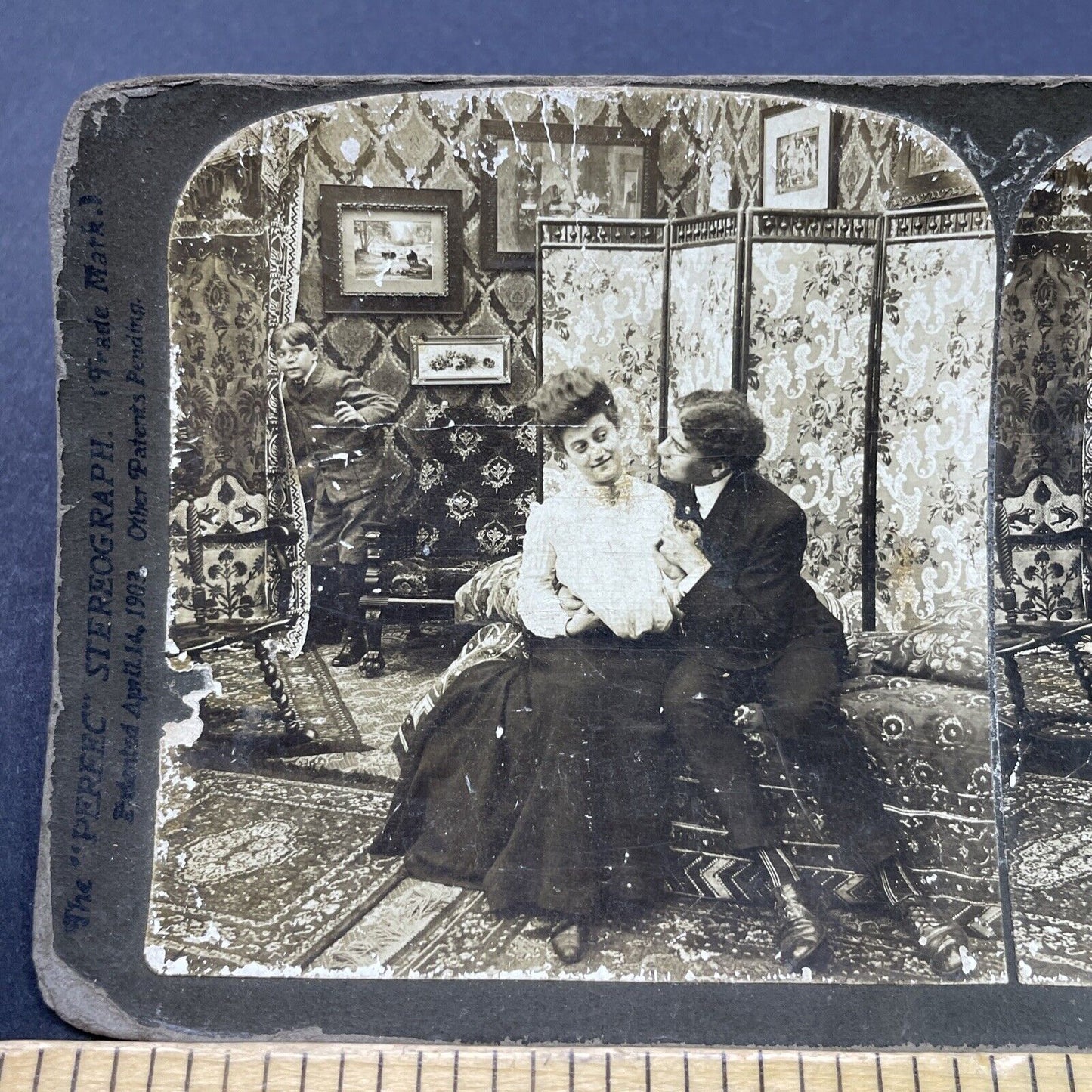 Antique 1903 Man Seduces Woman In Parlor Stereoview Photo Card P2662