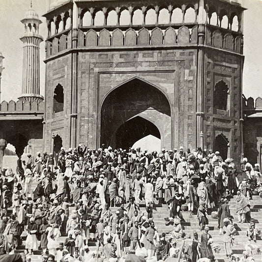 Antique 1906 Mosque & Muslim Worshippers Delhi India Stereoview Photo Card P4450