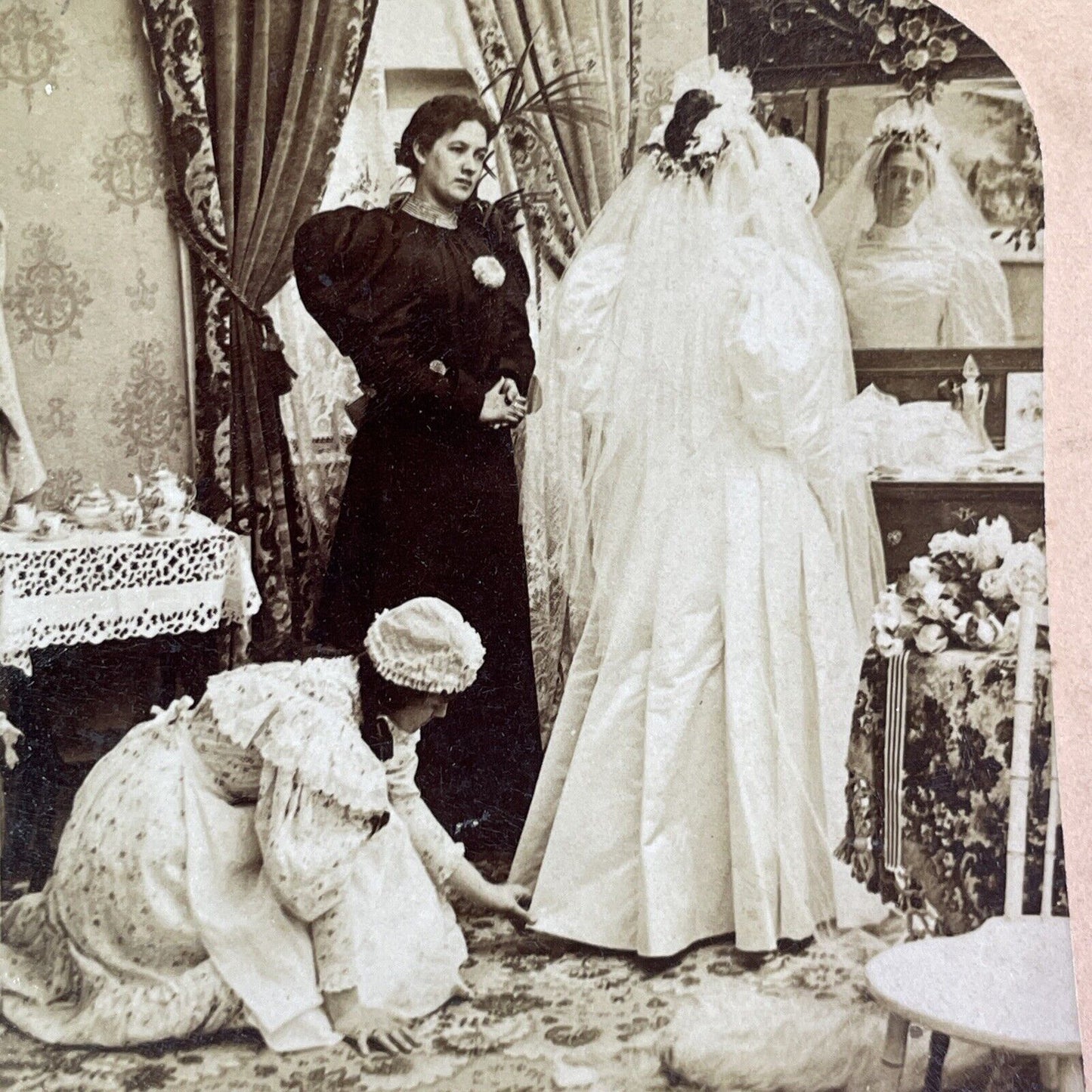 Victorian Bride Before Her Wedding in Gown Stereoview Antique c1897 Y2250