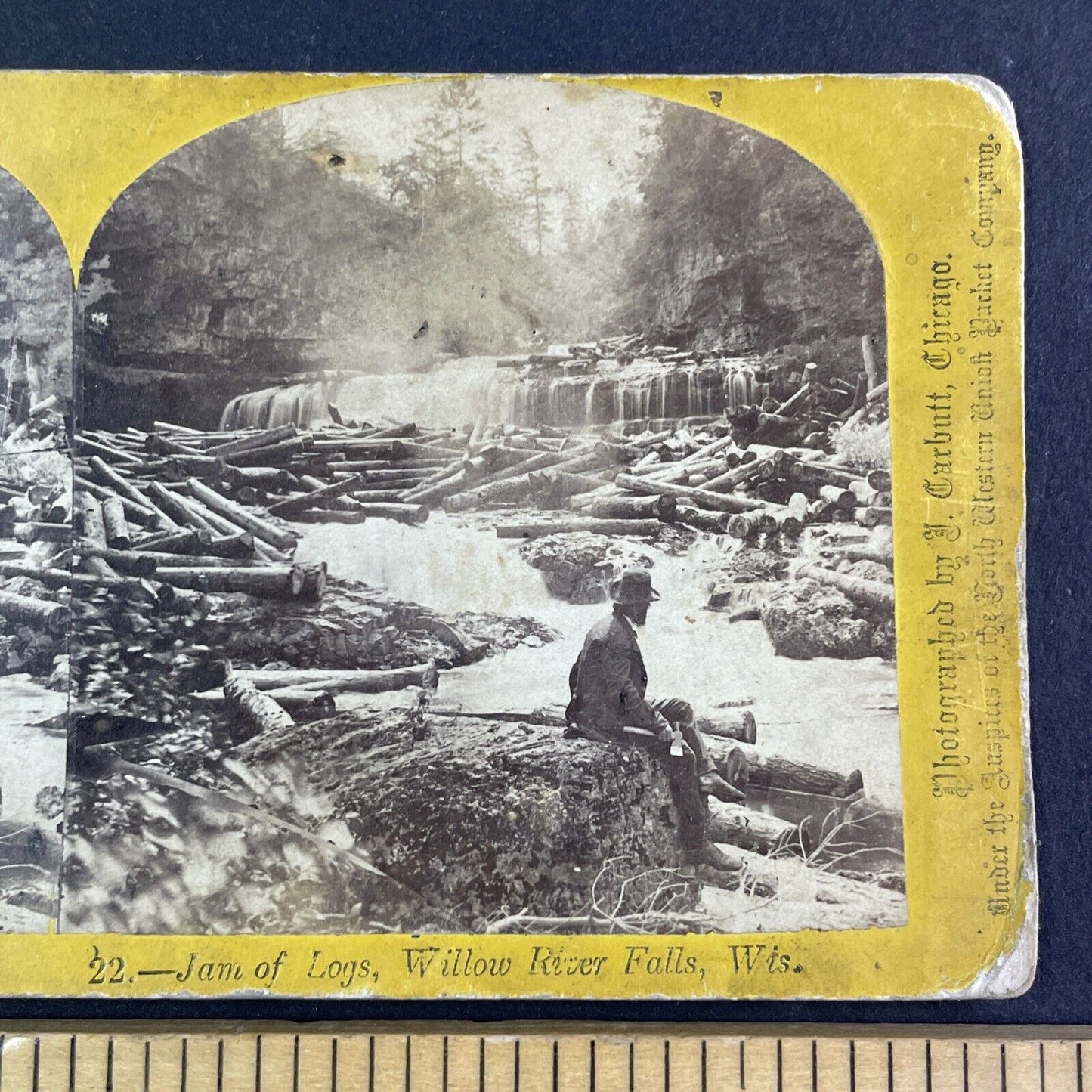 Willow River Wisconsin Log Jam Stereoview J. Carbutt Antique c1870s Y2420