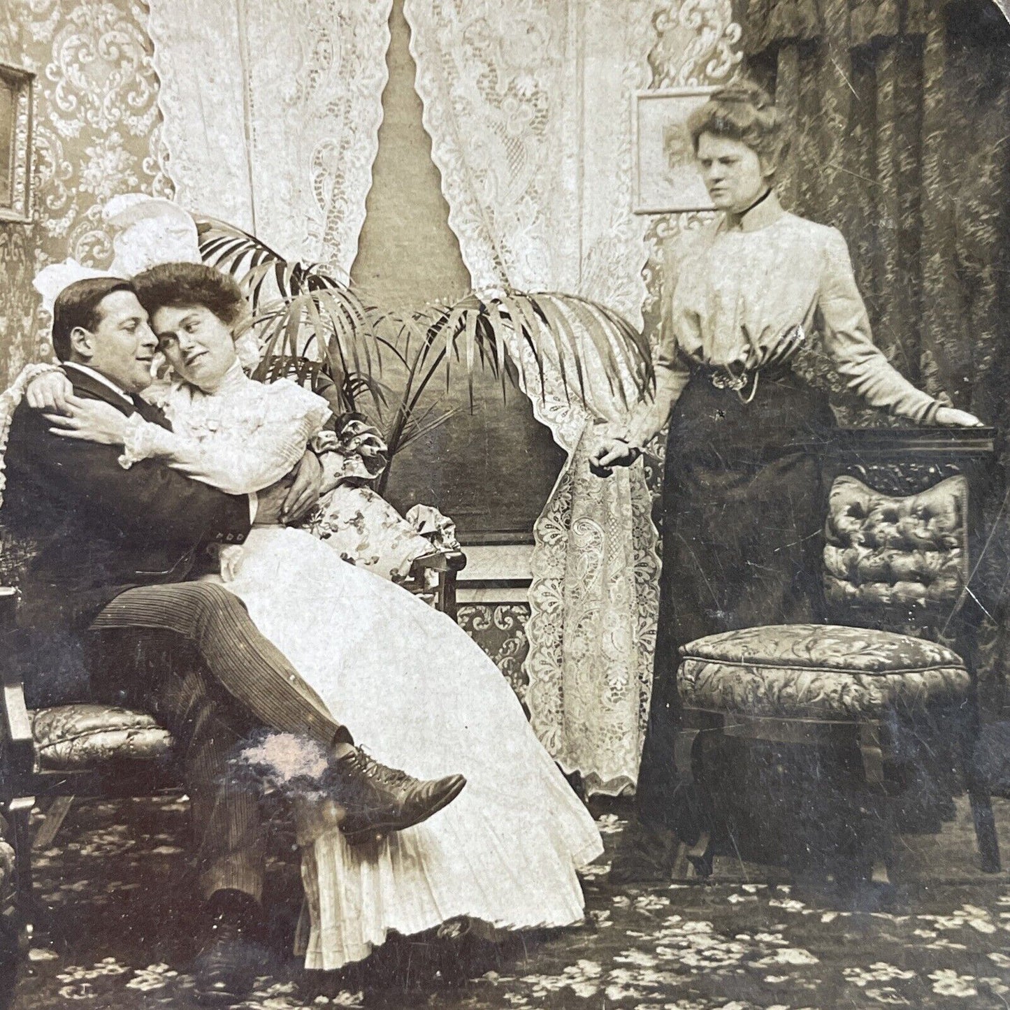 Antique 1900 Man Gets Caught Cheating On Wife Stereoview Photo Card P3430