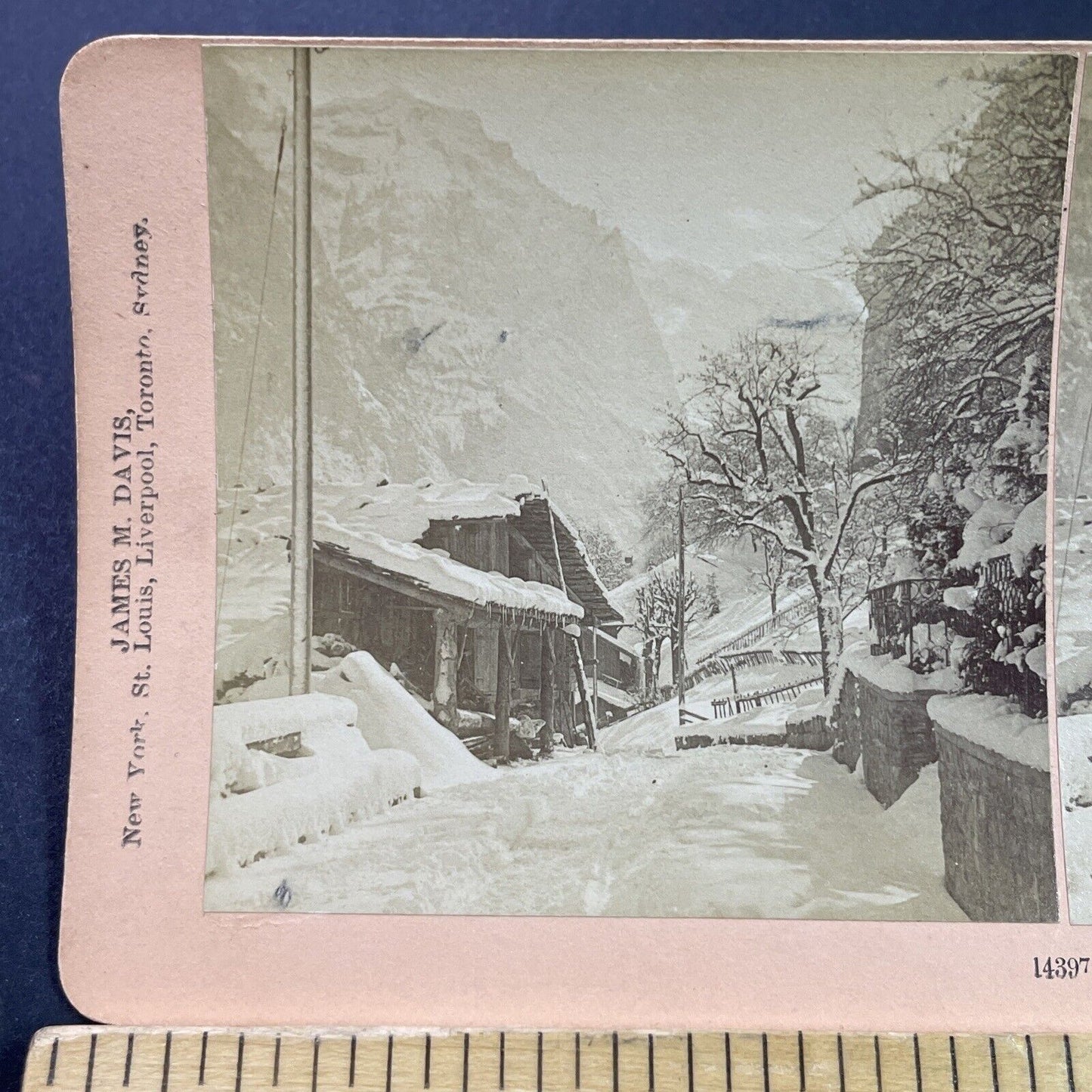 Antique 1901 Snowstorm Lauterbrunnen Switzerland Stereoview Photo Card P3832