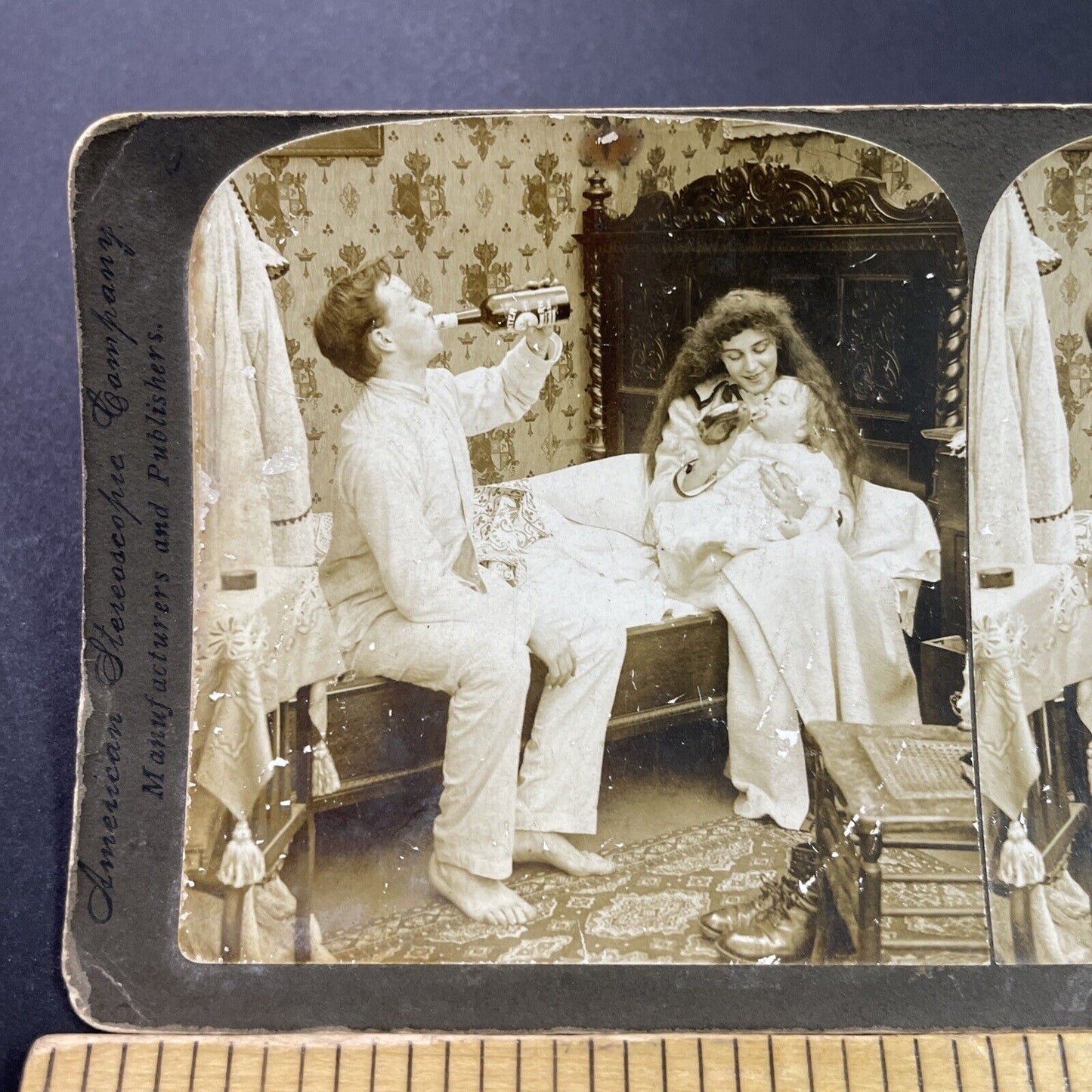 Antique 1903 Man Gets Drunk While Wife Feeds Baby Stereoview Photo Card P3996