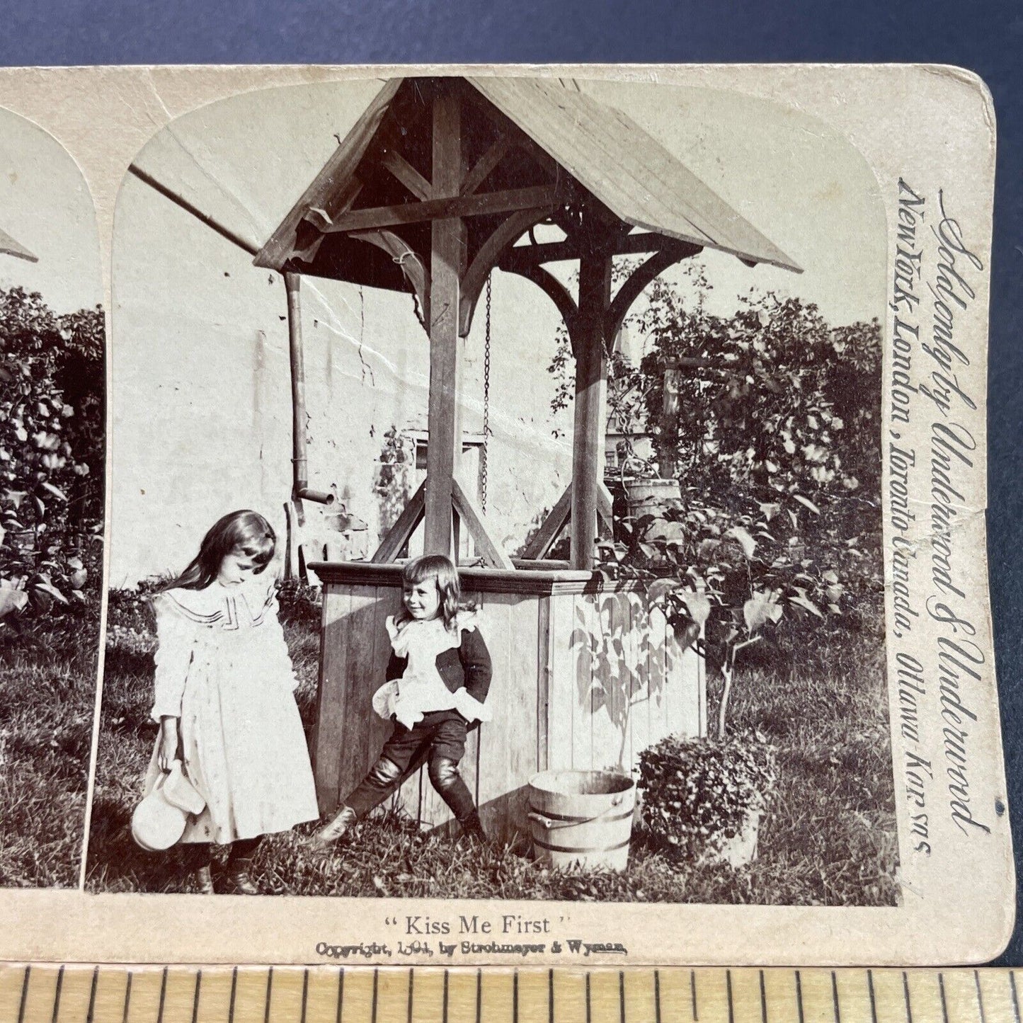 Antique 1891 Children Fetching Water From A Well Stereoview Photo Card P4115