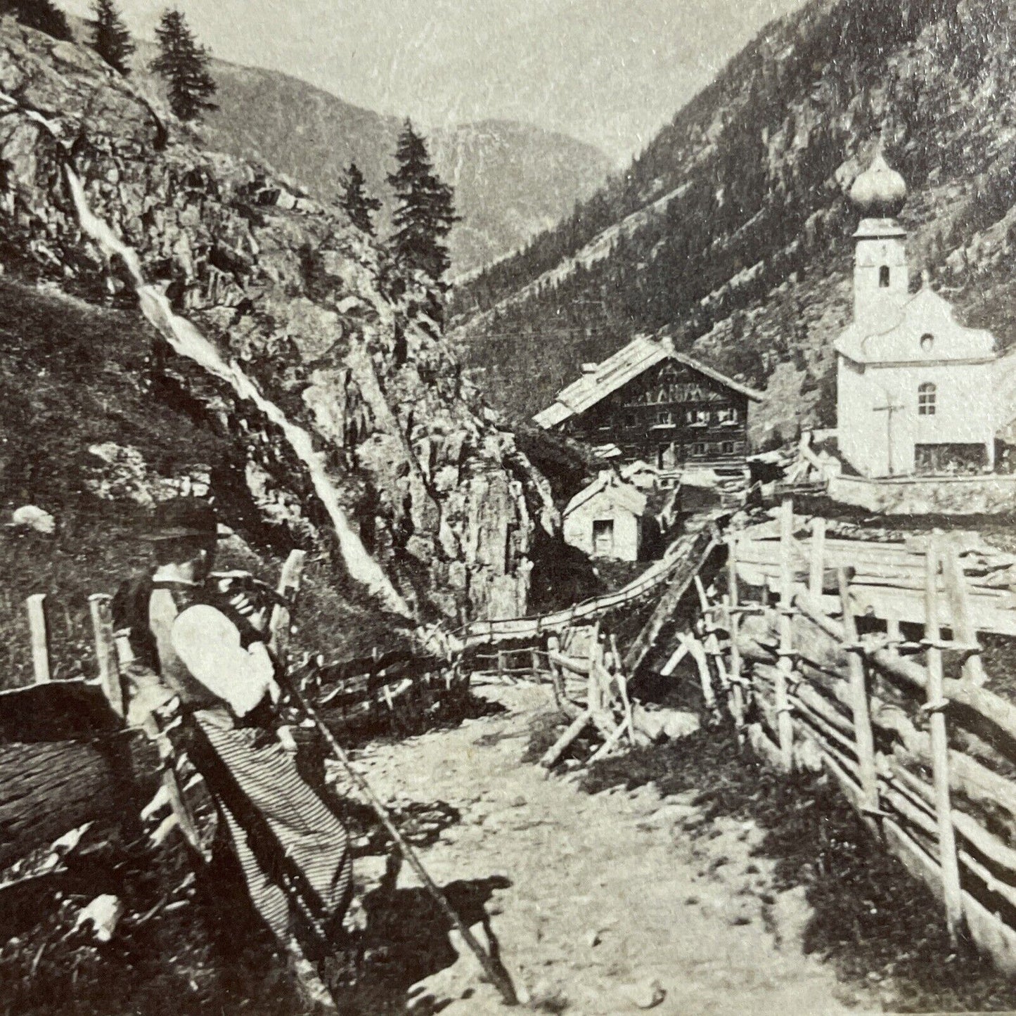 Antique 1870s Heiligkreuz Church Otztal Switzerland Stereoview Photo Card P4174