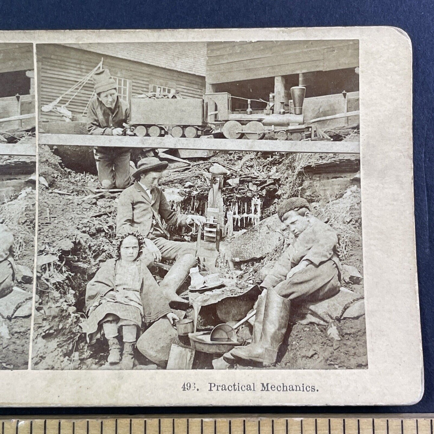 Children Play with Railroad Wood Train Toys Stereoview Antique c1890s X4077
