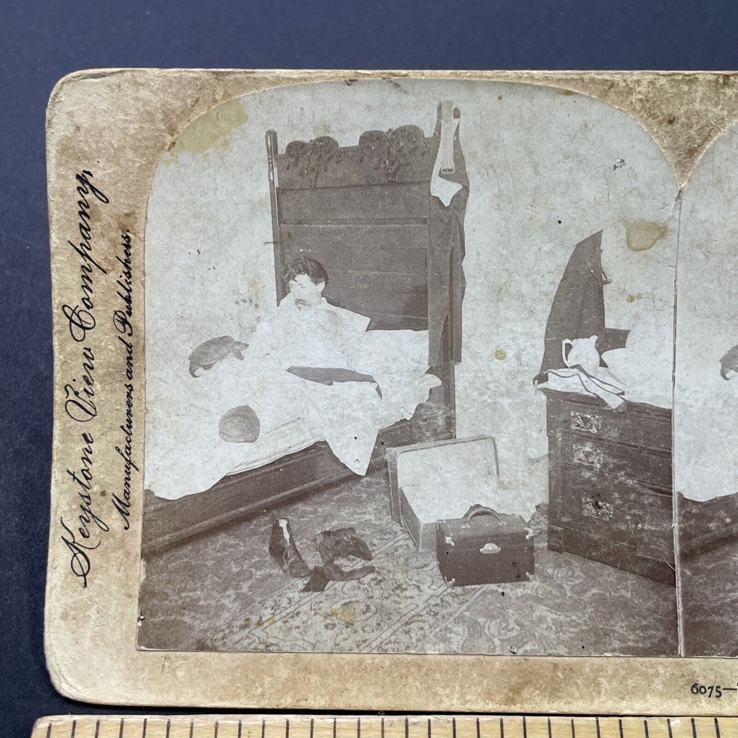 Antique 1897 Business Man In A Hotel Room Stereoview Photo Card P2633