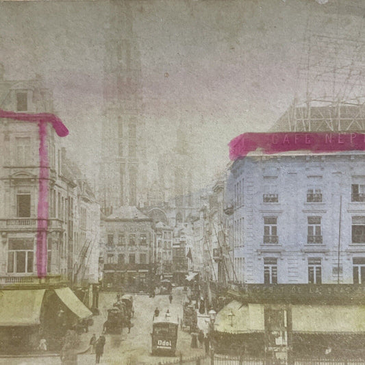 Antique 1880s Main Street Antwerp Antwerpen Belgium Stereoview Photo Card P5212