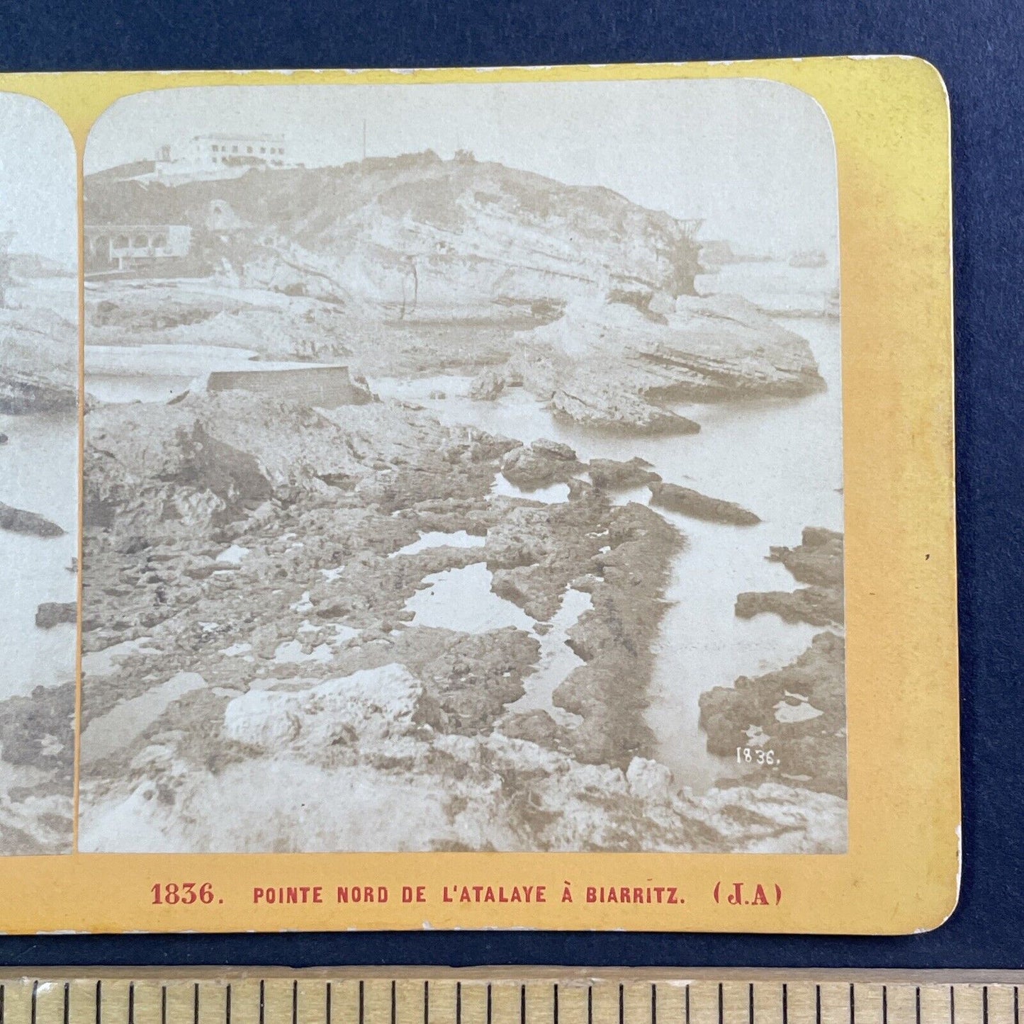 Rocky Shore Biarritz France Stereoview Jean Andrieu Antique c1870s X3774