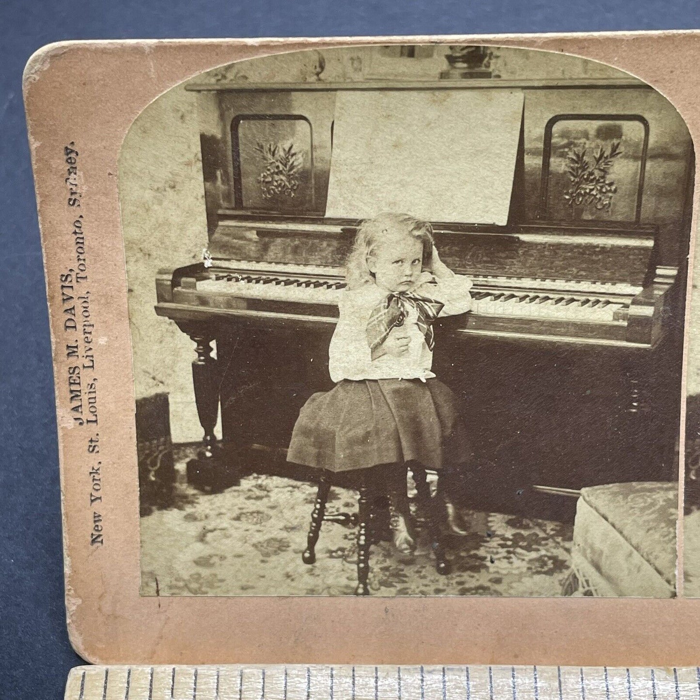 Antique 1897 Little Girl Practices Piano Stereoview Photo Card P1855