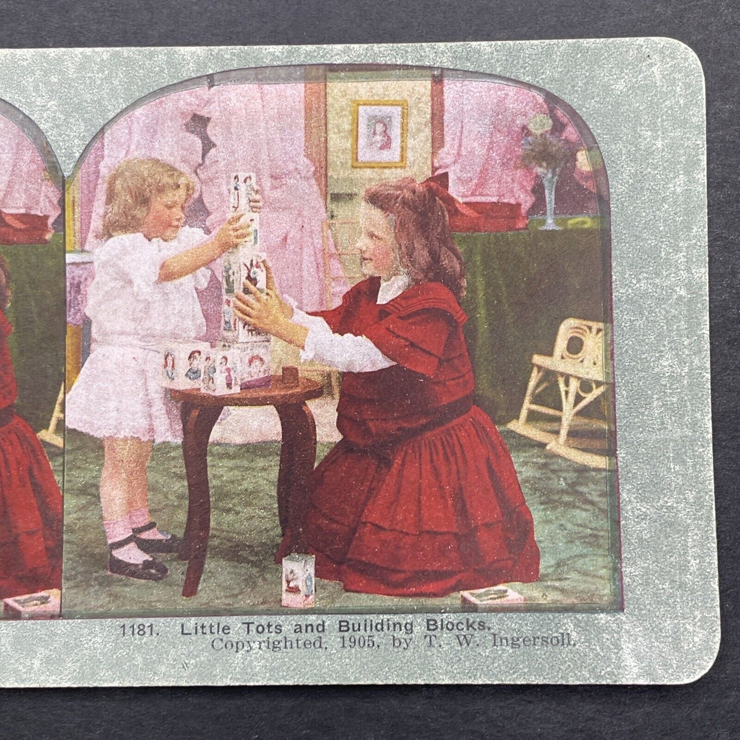 Antique 1905 Children Stack Toy Blocks Stereoview Photo Card P580-017