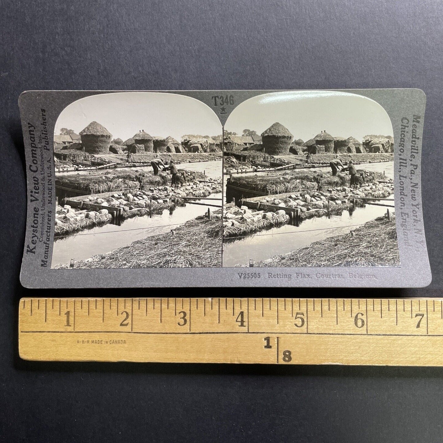 Antique 1915 Flax Farming Kortrijk Belgium Stereoview Photo Card P1765