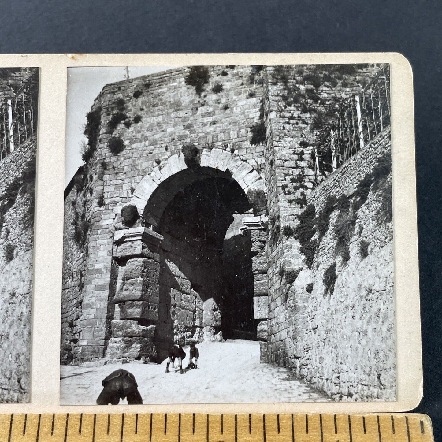 Antique 1925 Kids Goofing Around Volterra Italy OOAK Stereoview Photo Card P3228