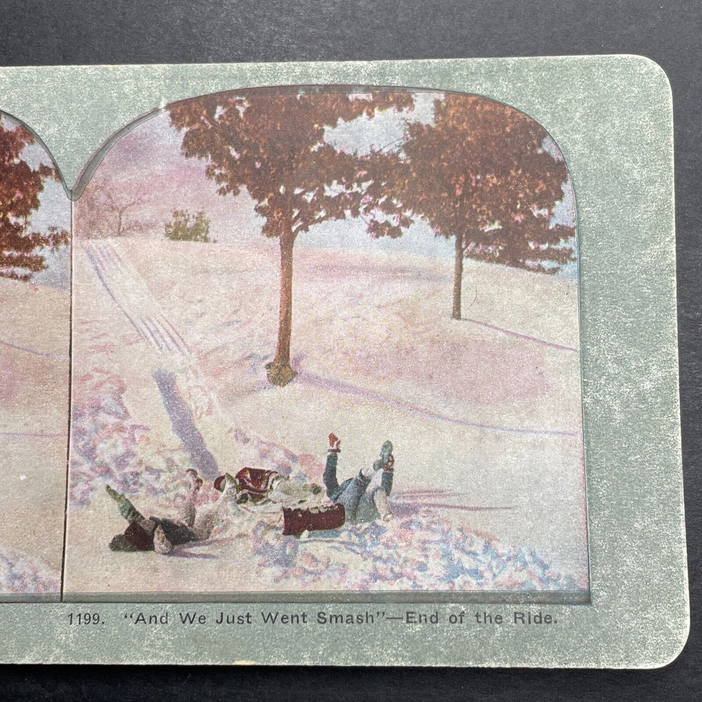 Antique 1892 Children Crash Sledding Tobogganing Stereoview Photo Card P1226