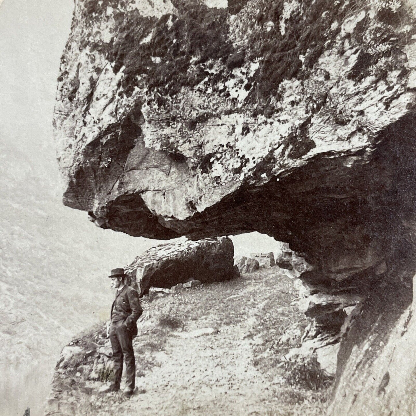 Antique 1894 Man Standing Under Big Rock Sogne Norway Stereoview Photo Card 4591