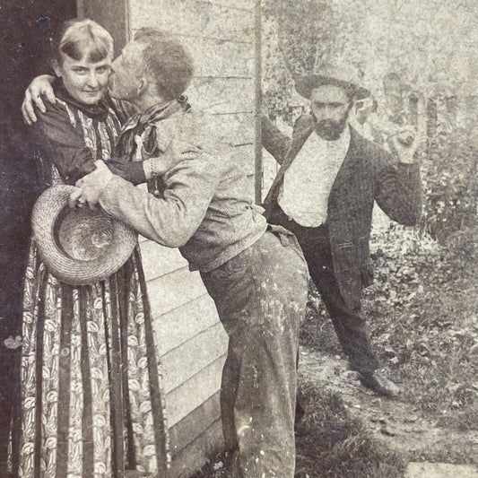 Antique 1892 Man Beats Friend For Kissing Wife Stereoview Photo Card P3353