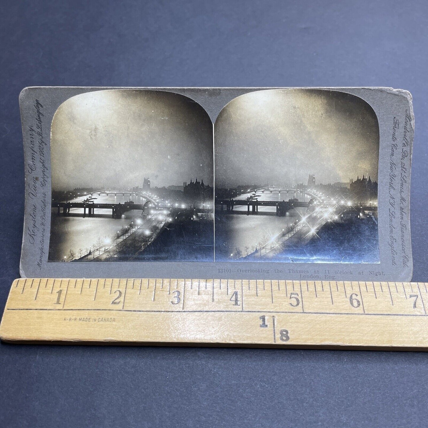 Antique 1902 London At Night Along Thames River Stereoview Photo Card P1978
