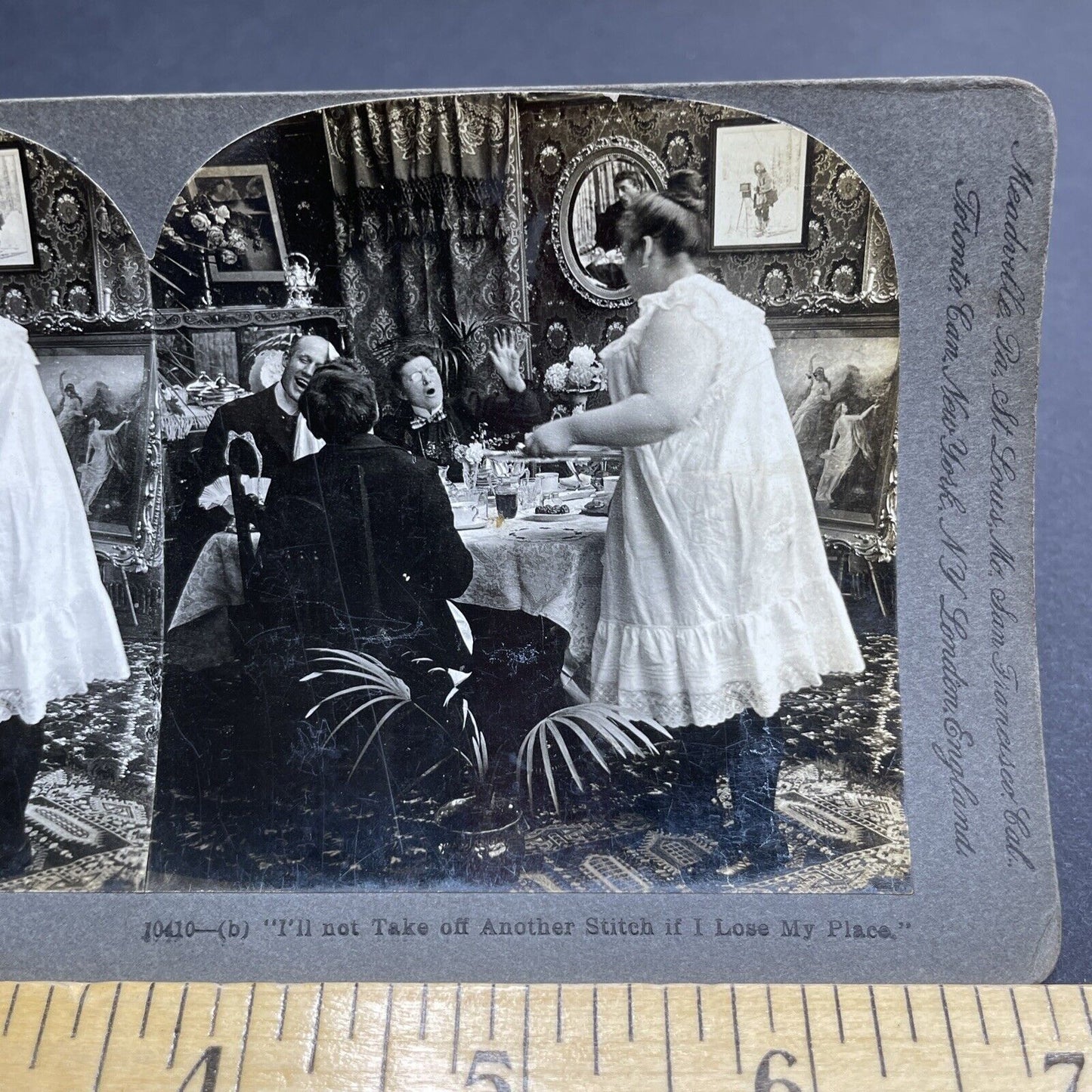 Antique 1900 Woman Threatens If Dining Seat Is Taken Stereoview Photo Card P1989