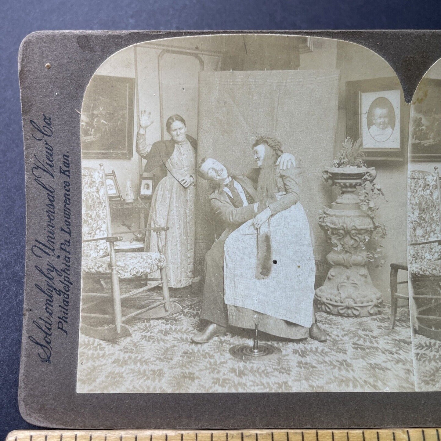 Antique 1892 Man Flirts With Maid While Wife Watches Stereoview Photo Card P3400