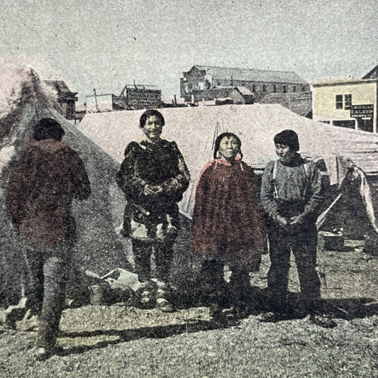 Antique 1905 Eskimo Inuit In Northern Alaska Camp Stereoview Photo Card Q2234