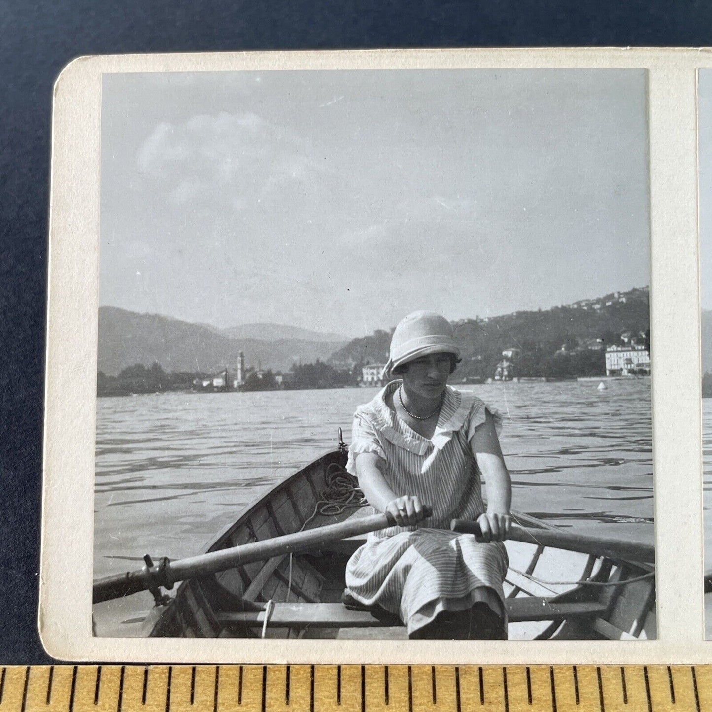 Antique 1925 Wealthy American Woman Row Boat OOAK Stereoview Photo Card P3231