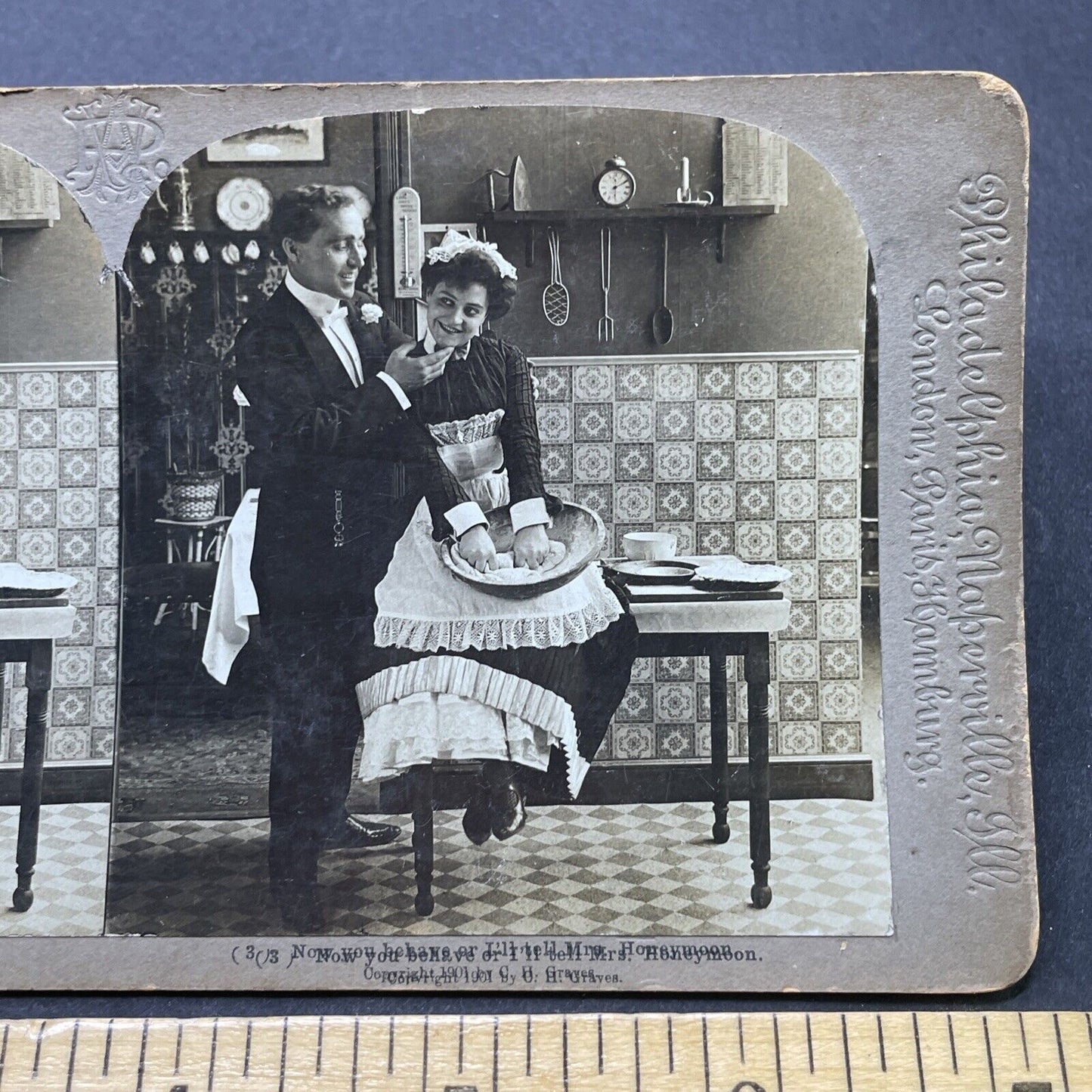 Antique 1901 Man Flirting With His New Kitchen Maid Stereoview Photo Card P2580