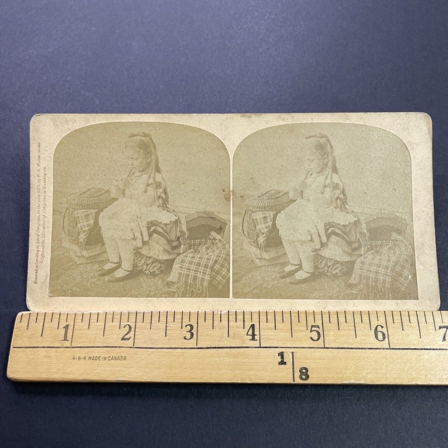 Antique 1872 Little Girl Sewing Her Dolls Clothes Stereoview Photo Card P3531