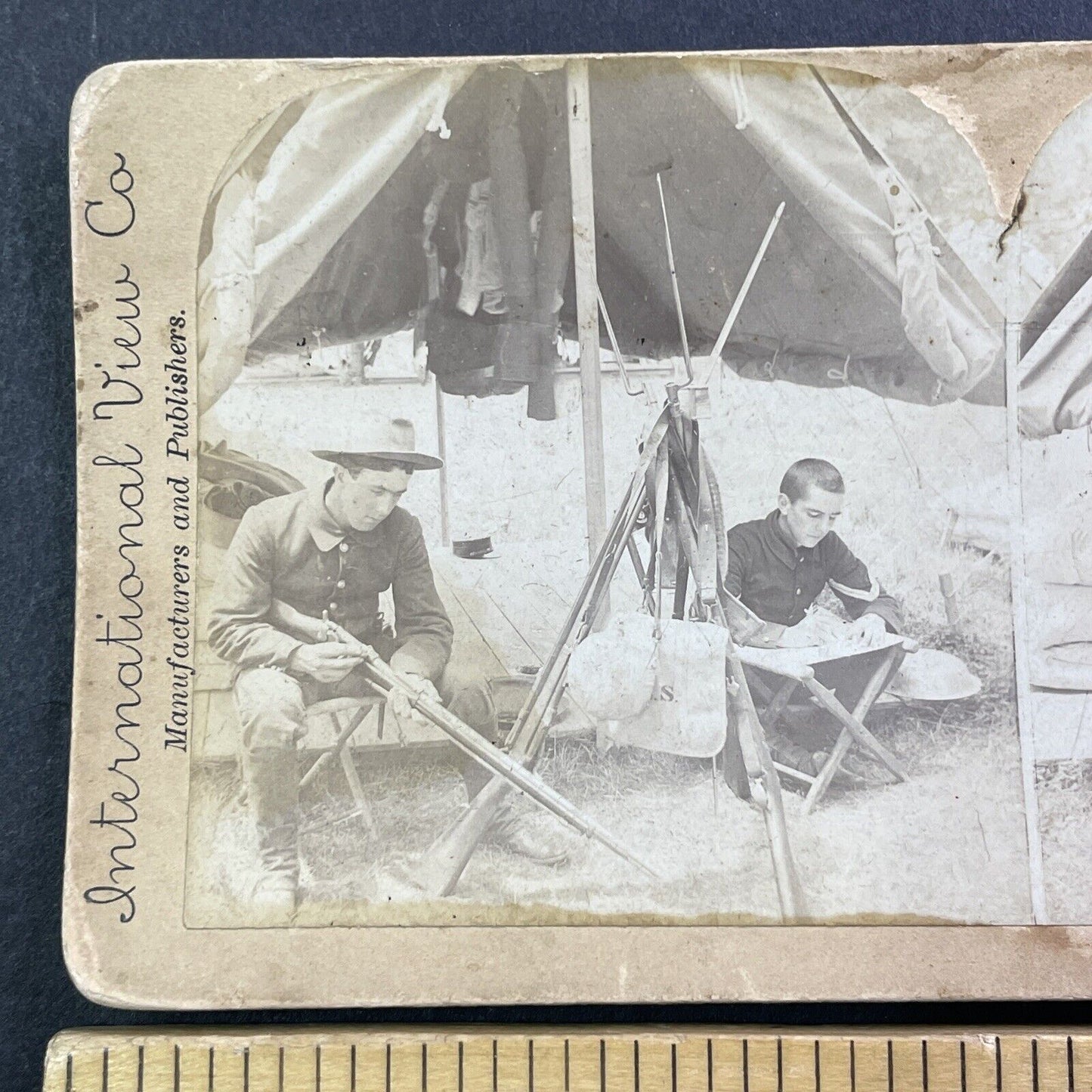 US Teen Soldiers Write Home Stereoview Spanish American War Antique c1899 X4241