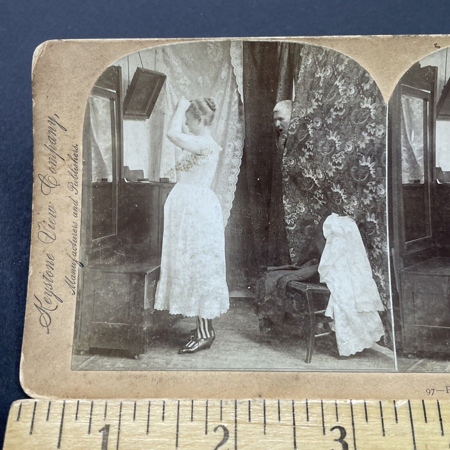 Antique 1893 Man Spies On Woman In Underwear Stereoview Photo Card P2682