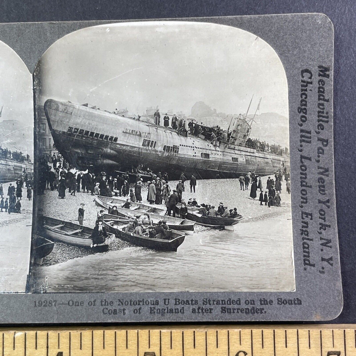 German U-Boat Crashes Into Shore Stereoview World War I WW1 Antique c1918 Y155