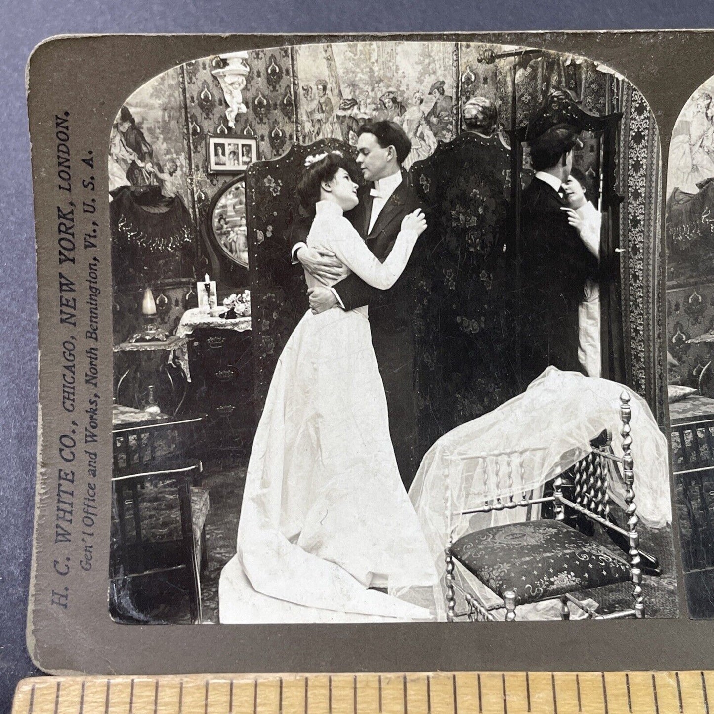 Antique 1902 Victorian Bride & Groom Alone At Last Stereoview Photo Card P2947