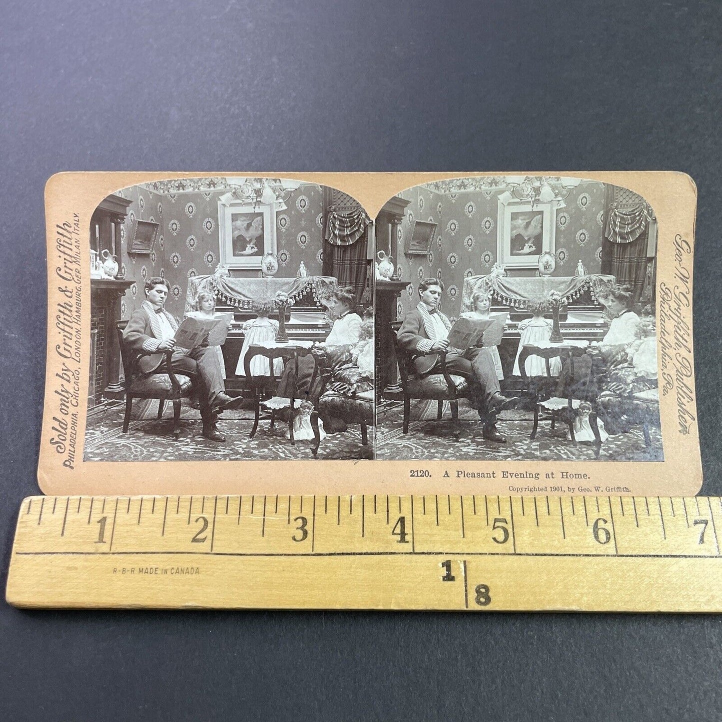 Antique 1901 Family Time In The Piano Parlor Room Stereoview Photo Card P3431