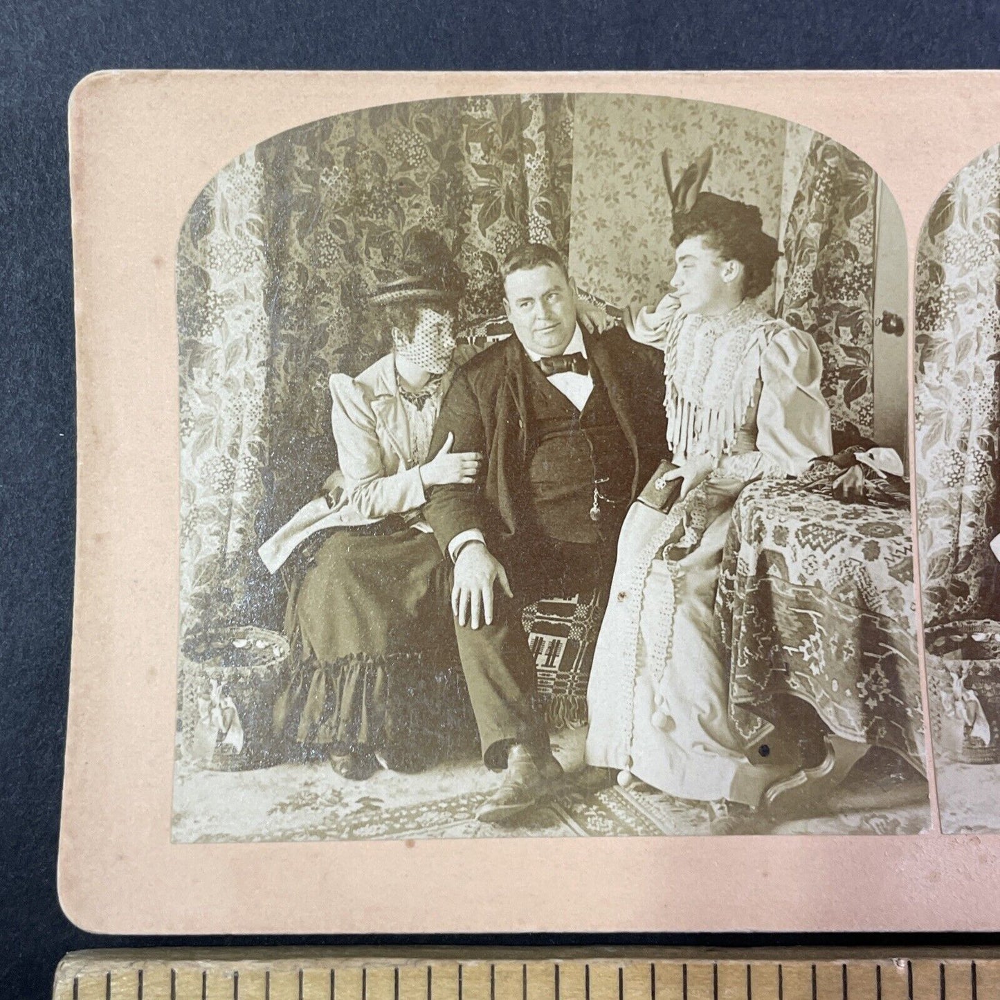 Women Romance Man To Go See a Show Stereoview Antique c1893 Y1801