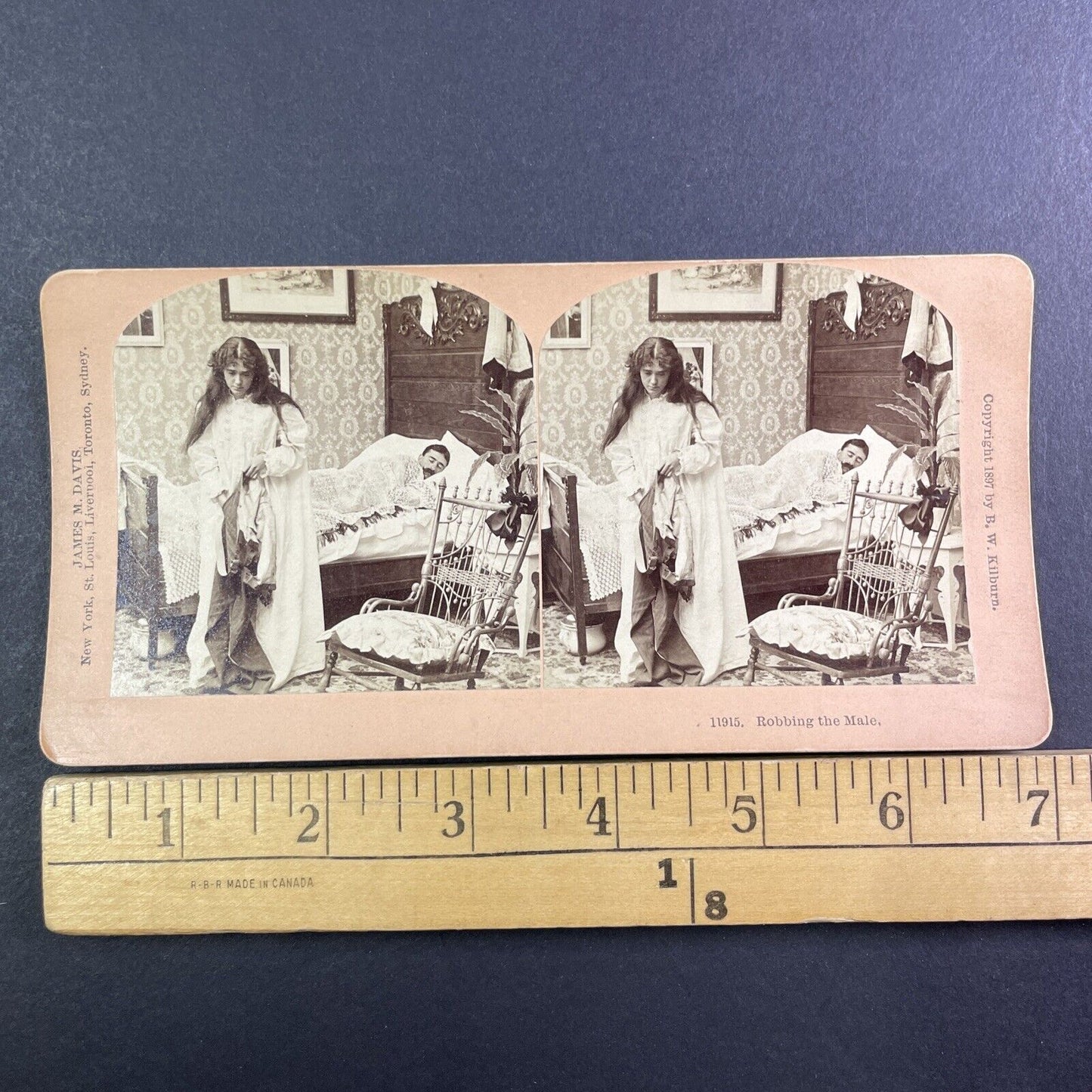 Woman Steals from Man while he Sleeps Stereoview James M. Davis c1897 Y1707