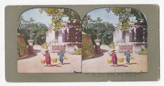 Antique 1903 Villagers In Front Of Police Station, Hong Kong Stereo Card P291